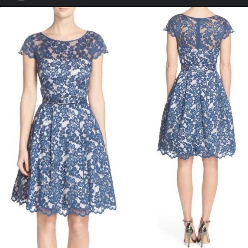 Eliza J Blue Lace Belted Fit and Flare Lined Pockets Dress Size 4